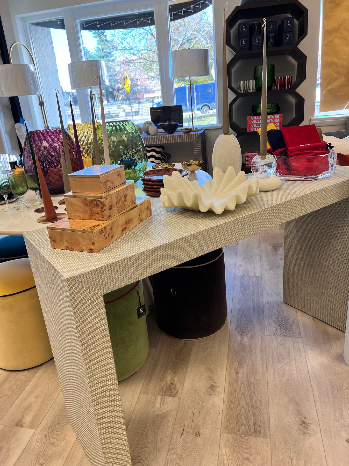 Custom Waterfall Console Table—Grasscloth no