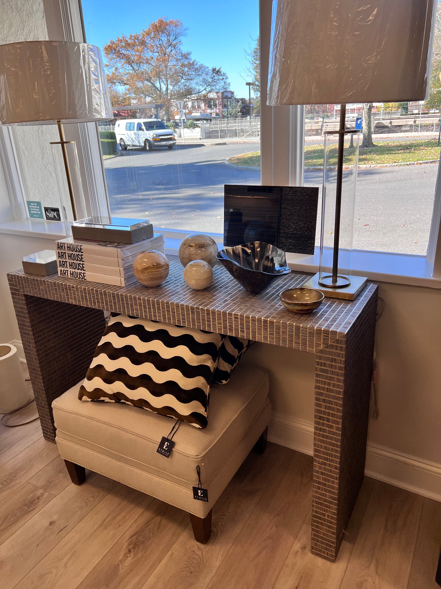 Custom Waterfall Console Table—Grasscloth no