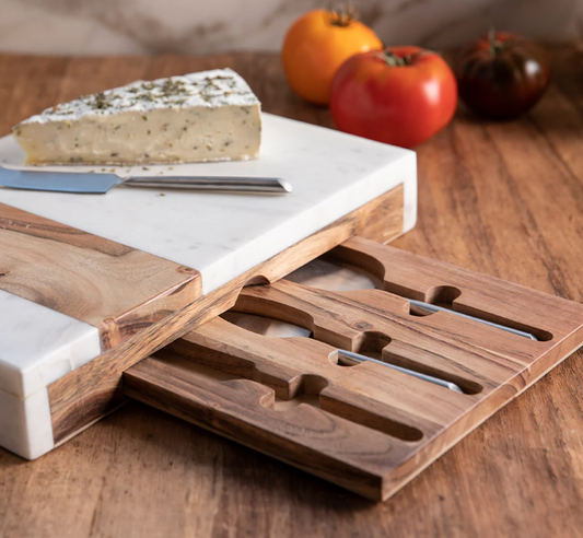 Marble and Acacia Wood Pocket Drawer Board with Matte Stainless Cheese Set
