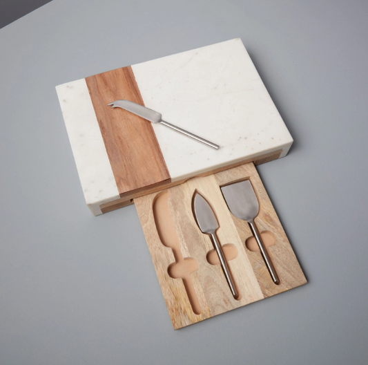 Marble and Acacia Wood Pocket Drawer Board with Matte Stainless Cheese Set